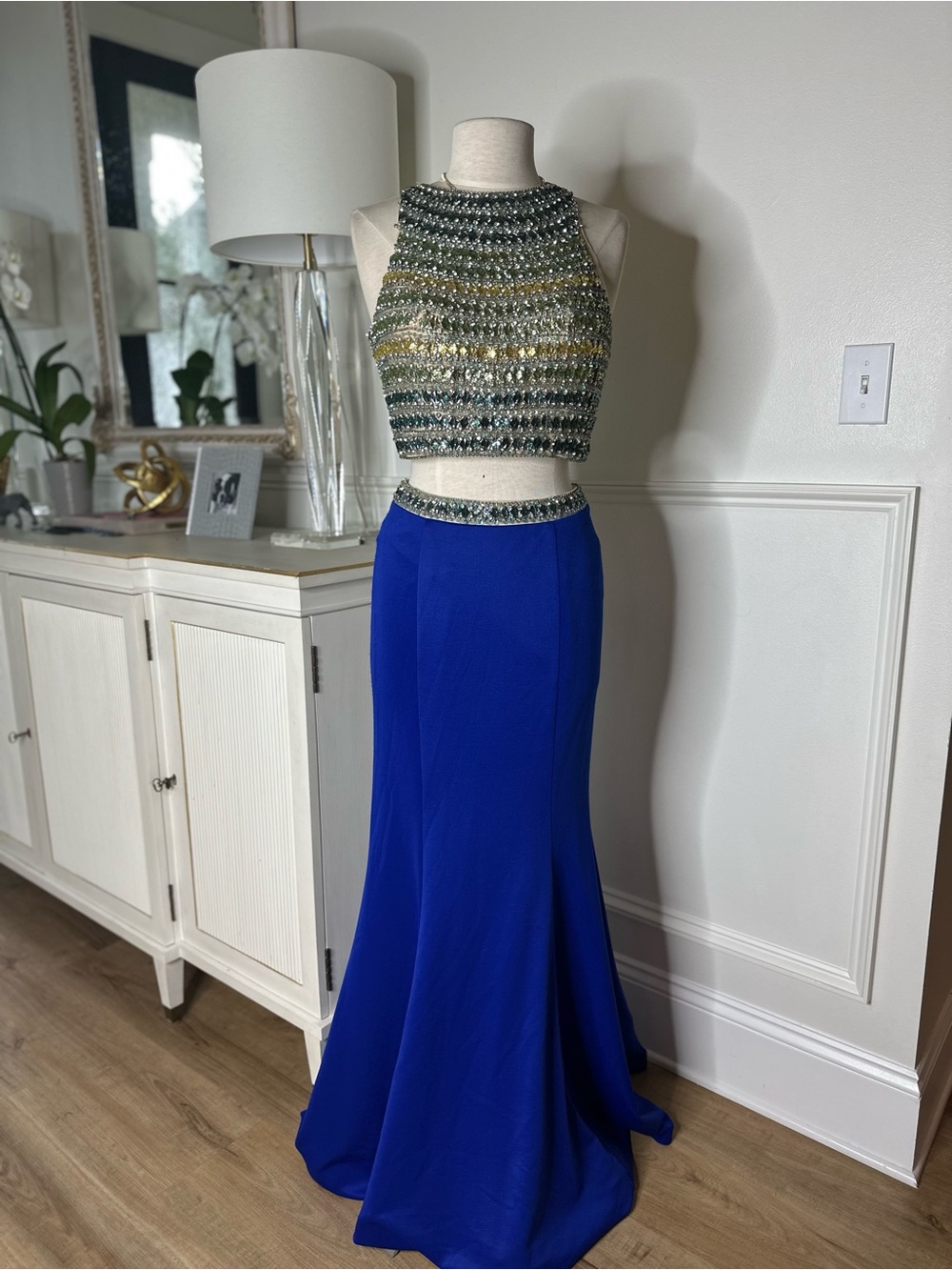 Blush Beaded Crop Halter Top with Royal Blue Maxi Skirt
